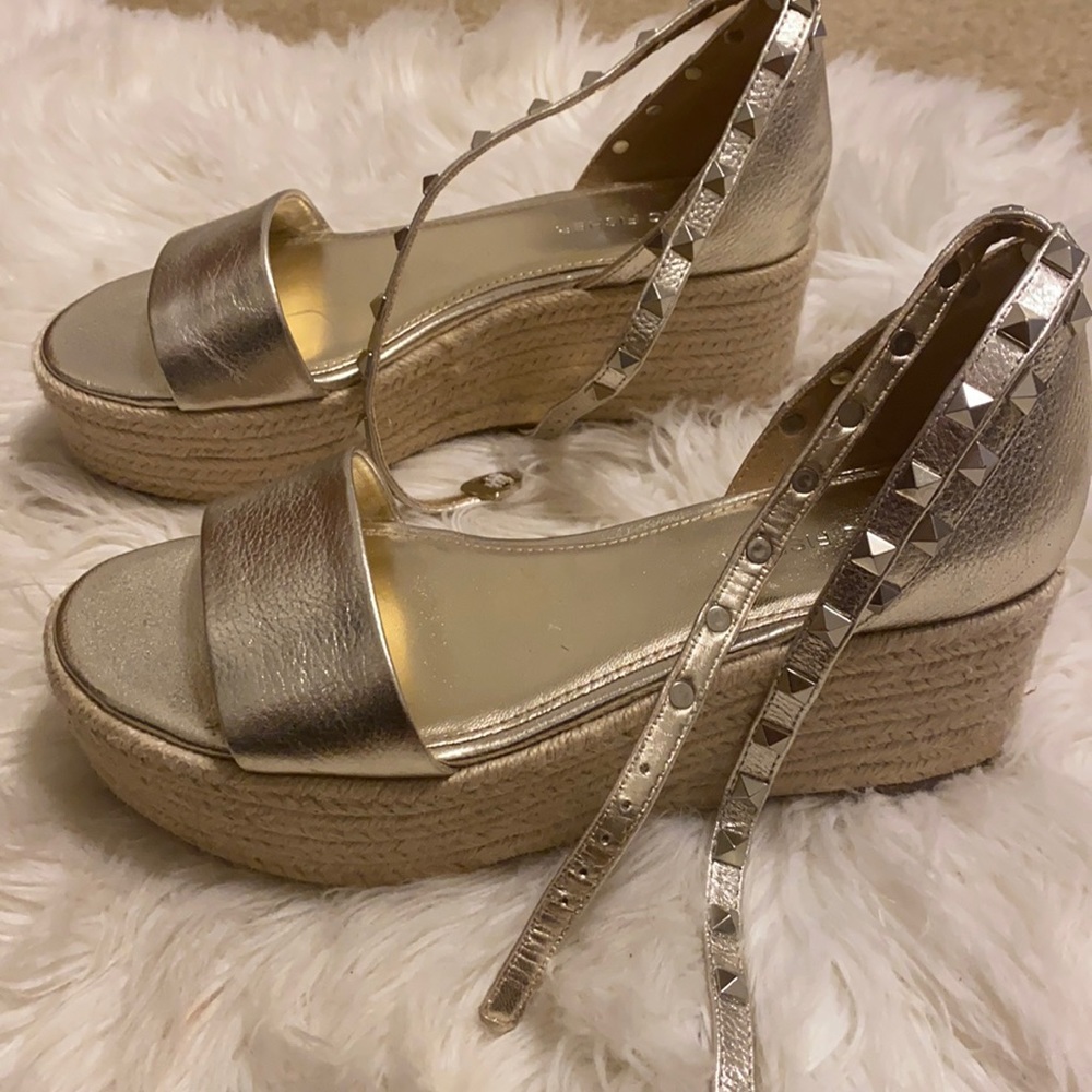 Marc Fisher gold platform ankle wrap sandals